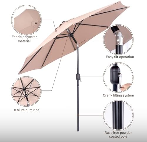 Backyard Expressions 9 ft. Patio Umbrella, Market Table Umbrella w/Tilt and Crank, 8 Ribs