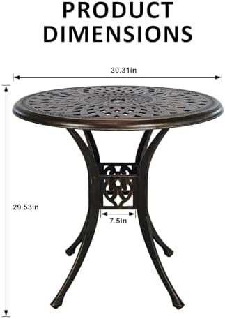 30.31" Outdoor Patio Dining Table, Cast Aluminum Patio Bistro Table, Round Patio Metal Table, Patio Furniture Set with 2.36" Umbrella Hole for Balcony Lawn Garden Backyard