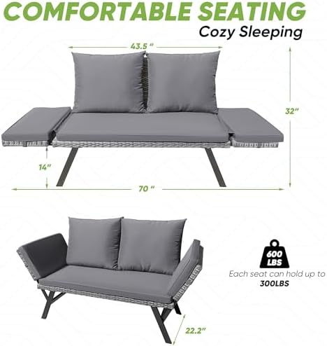 Greesum Outdoor Sofa,Convertible Daybed or Double Chair,Gray & Blue