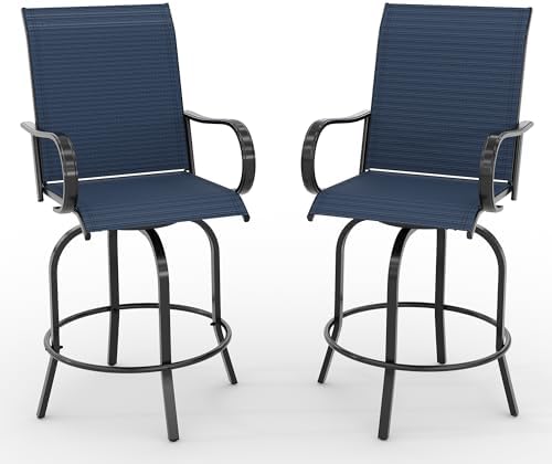 Outdoor Swivel Bar Stools Set of 2, Bar Height Patio Chairs with High Back & Armrest, All-Weather Textilene Fabric 360° Swivel Tall Barstools for Patio, Deck, Backyard, Garden