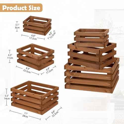 Set of 3 Nesting Wooden Storage Crates - Rustic Wooden Storage Crates for Display Brown Wood Container Boxes Wood Baskets for Farmhouse Flower Stand Display Rack for Shops or Exhibitions Home Decor