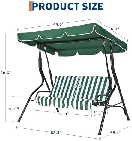 3-Seat Outdoor Patio Porch Swing with Stand, Adjustable Canopy & Thick Waterproof Cushions, Steel Frame Swing Outdoor Chair for Backyard, Front Porch, Lawn, Garden