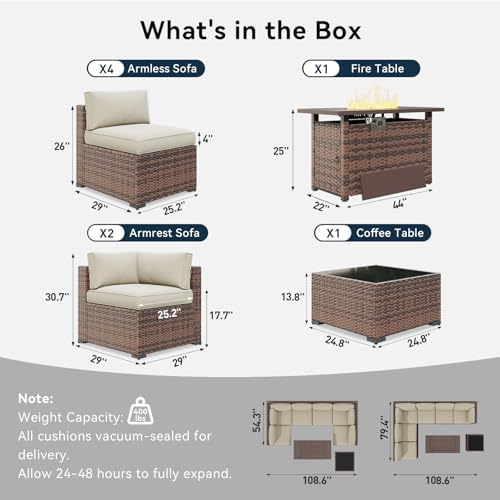LazySunsets 8 Piece Outdoor Patio Furniture Set with 44'' Fire Pit Table, Outdoor Patio Furniture Set with 4'' Thicken Cushion, Wicker Rattan Outdoor Conversation Set for Backyard & Garden, Beige