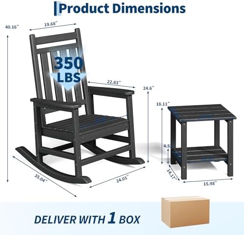 HDPE Rocking Chair Outdoor Set of 2 with Side Table, High Back Rocker