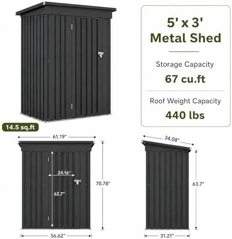 5x3 FT Outdoor Storage Shed, Metal Tool Shed with Sloping Roof and Lockable Door, Waterproof Garden Shed for Backyard, Patio, Lawn and Outdoor Storage, Black
