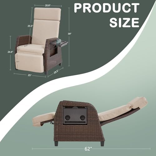 Outdoor Patio Recliner Chair, 180°Reclining Patio Chairs with Adjustable Backrest & Flip-Up Table, Rattan Reclining Lounge Chair, Wicker Balcony Recliner, Beige, 2PCS
