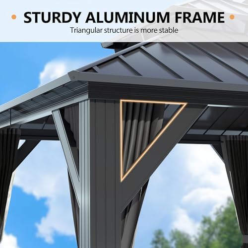 12'x14' Hardtop Gazebo, Outdoor Double Roof Galvanized Steel Gazebo, Aluminum Frame Permanent Pavilion with Curtains & Netting for Backyard, Patio, Deck (12x14)