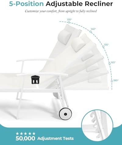 Ciokea Outdoor Lounge Chair with Pillow, 5-Position Aluminum Chaise