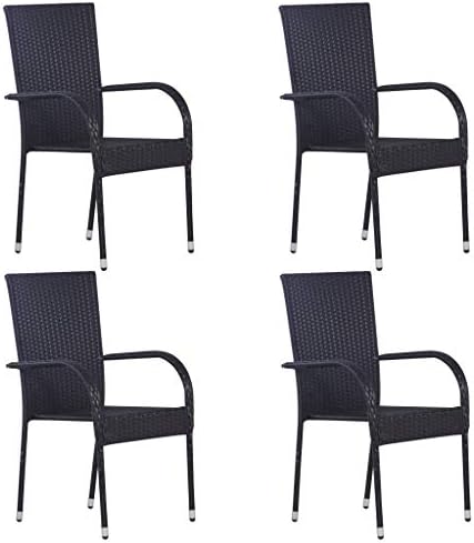 5 Piece Patio Dining Set with Solid Acacia Wood Table and Steel Frame, Black PE Rattan Chairs Stackable for Outdoor Use