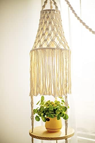YKBU Macrame Plant Hanger Shelf Hanging Rope Shelf Indoor with Boho Lamp Shade 3 Tier Floating Round Shelves Decorative Shelf Flower Pot Holder Planter Display Rack Boho Home Decor-1 Set
