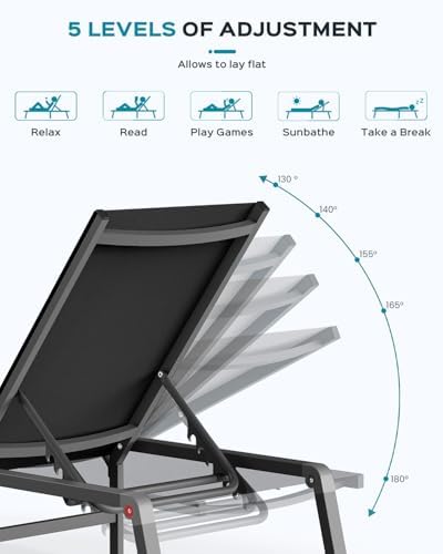 Ciokea Aluminum Chaise Lounge Ourdoor, Foldable & Assemble Free Outdoor Lounge Chair with 5 Adjustable Backrest, Patio Lounge Chair for Outside Poolside Beach Pool, Black