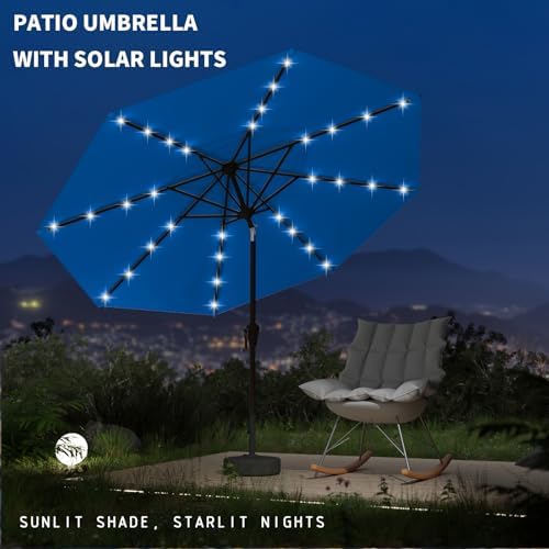 9FT Patio Umbrella with Solar Lights,Outdoor Market Umbrella with Tilt and Crank, LED Lighted Table Umbrella for Garden,Deck,Backyard,Pool,Beach