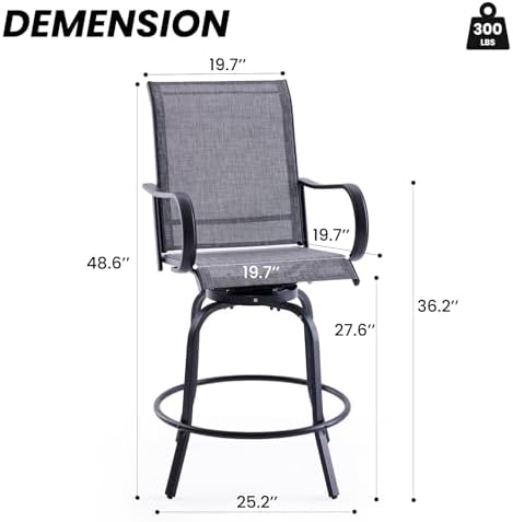 Patio Swivel Bar Stools Set of 4，All-Weather Outdoor High Bistro Stools with Textilene Fabric for Outside, Beach, Lawn, Poolside and Garden (Grey/Brown)