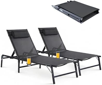 2 Pack Foldable Chaise Lounge Chair with Cup Holder, Assemble-Free