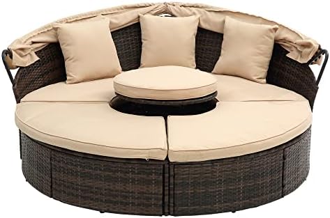 Outdoor Patio Rattan Round Daybed with Retractable Canopy, Wicker Furniture Round Poolside Sofa Sunbed with Removable Cushions, Backyard, Porch, Beige Steel