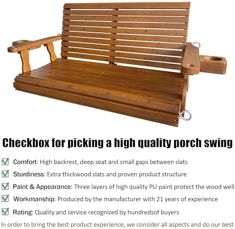 Wooden Porch Swing 2-Seater, High Backrest and Deep Seat, Bench Swing with Cupholders, Hanging Chains and 7mm Springs, Heavy Duty 880 LBS, for Outdoor Patio Garden (Cedar Tone - 4 FT Extra Large)