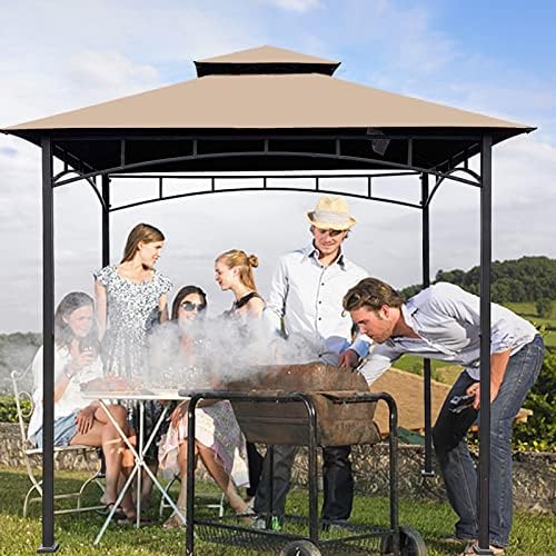 Grill Gazebo Replacement Canopy Roof – Hugline 5x8 Outdoor Grill Shelter Canopy Top Double Tiered BBQ Tent Cover Fit for Model L-GG001PST-F (Beige)