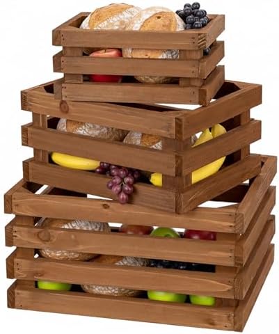 Set of 3 Nesting Wooden Storage Crates - Rustic Wooden Storage Crates for Display Brown Wood Container Boxes Wood Baskets for Farmhouse Flower Stand Display Rack for Shops or Exhibitions Home Decor