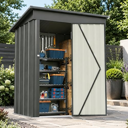 5x3 FT Outdoor Storage Shed, Metal Tool Shed with Sloping Roof and Lockable Door, Waterproof Garden Shed for Backyard, Patio, Lawn and Outdoor Storage, Black