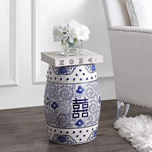 JONATHAN Y Double Happiness Ceramic Garden Stool 18" Table, Blue/White