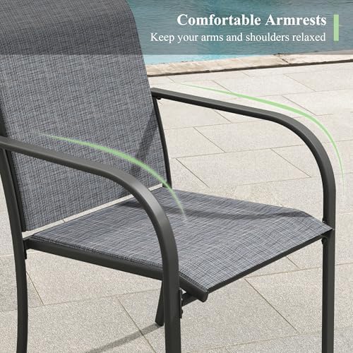 5 Pieces Outdoor Dining Set, Stackable Textilene Paito Chairs & 37.8" Square Dining Table with Umbrella Hole and Shelf, Patio Dining Set for Backyard, Deck, Garden, Grey & Black