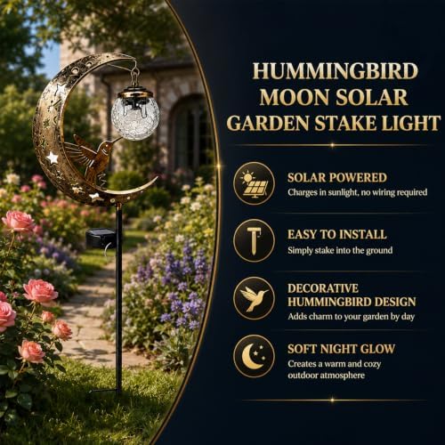 Hummingbird Moon Solar Garden Stake Light, Garden Decor for Outside