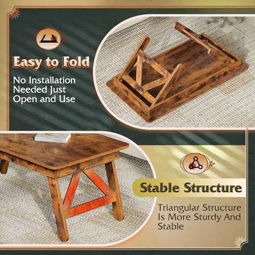 WLIVE Folding Coffee Table, Portable Small Coffee Table with No Assembly Needed for Living Room, Floor Table for Small Space (Rustic Brown)