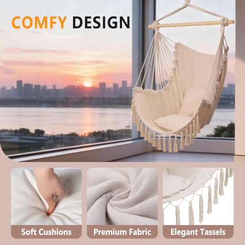 ONCLOUD Hammock Chair with Steel Spreader Bar (Beige w/Tassels)