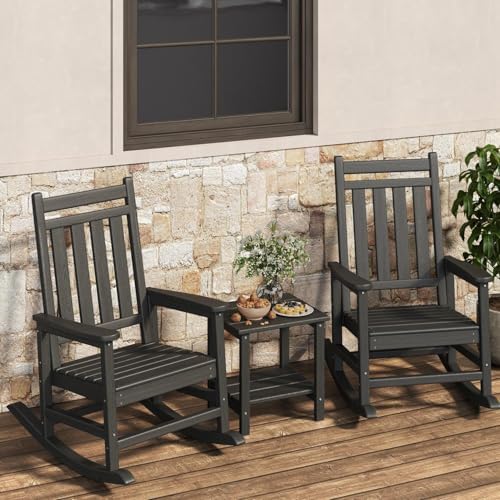 HDPE Rocking Chair Outdoor Set of 2 with Side Table, High Back Rocker