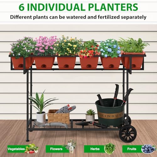Vrisa Elevated Raised Garden Bed Outdoor with Legs 43x17x29 in Plastic Standing Planter Box with Storage Shelf and Wheels Vegetables Herbs Flowers Gardening Boxes for Backyard, Patio, Balcony, Black