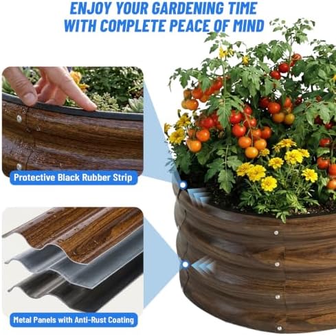 SnugNiture 3 Pcs 2x2x1ft Round Galvanized Raised Garden Bed Kit Outdoor, Metal Planter Box for Planting Plants Vegetables, Brown