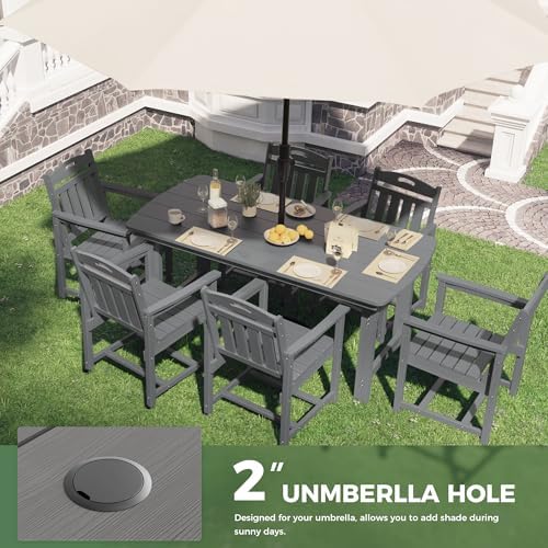 HDPE Outdoor Patio Dining Set with Table & 6 Chairs, All-Weather 7-Piece Outdoor Table and Chairs, 2" Umbrella Hole, Patio Furniture for Garden, Backyard, Deck | Grey