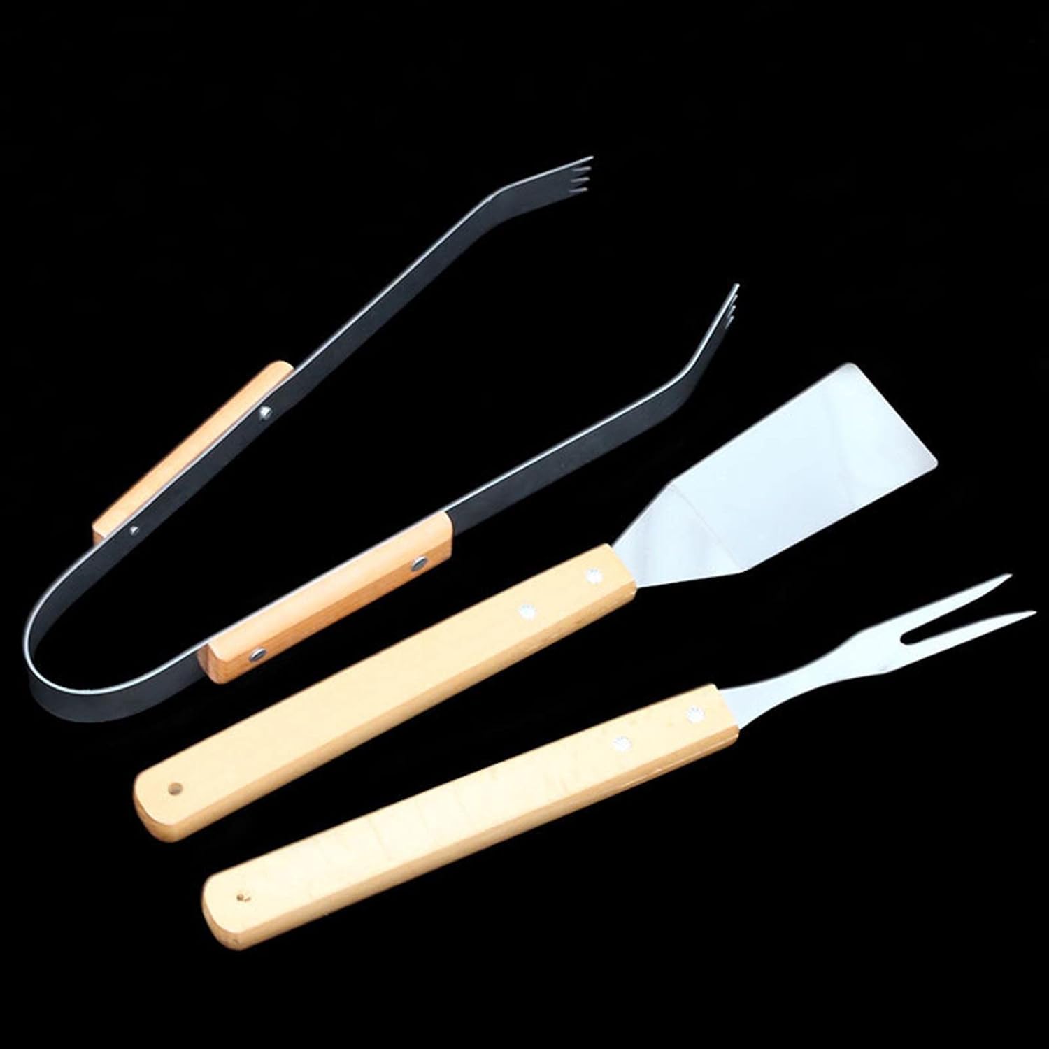 3 Piece Grill Set BBQ Accessories - BBQ Grilling Tools Set Kitchen Tongs, Metal Spatula & Fork Utensils - Stainless Steel Barbecue Grill Utensils for Outdoor Grill with Wood Handles (Khaki, One Size)