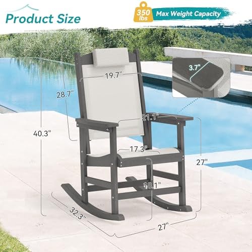 Outdoor Rocking Chair Set of 2 with Removable Headrest, HDPE All-Weather Rocker with Breathable Textilene, Patio Rocking Chairs for Adult, High Back Smooth for Porch, Garden, Dark Gray