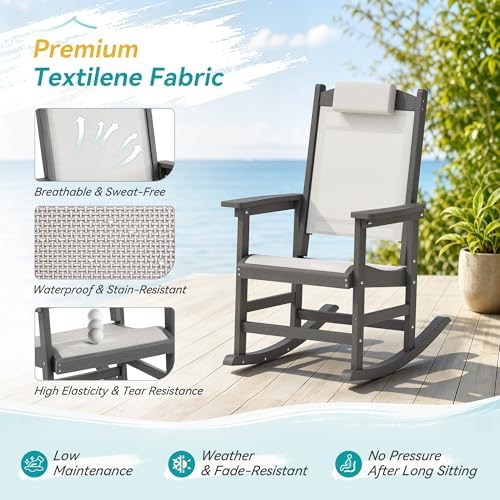 Outdoor Rocking Chair Set of 2 with Removable Headrest, HDPE All-Weather Rocker with Breathable Textilene, Patio Rocking Chairs for Adult, High Back Smooth for Porch, Garden, Dark Gray