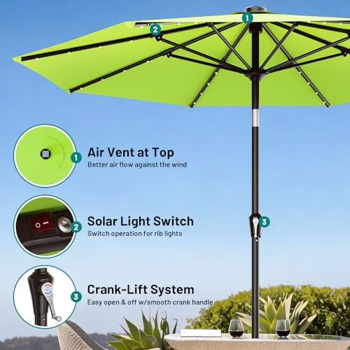 AreShark 9FT Patio Umbrella with Solar Lights, 32 Lighted Pool Umbrella w/Tilt and Crank, Outdoor Market Solar Umbrellas for Garden, Deck, Backyard, Pool and Beach, Apple Green