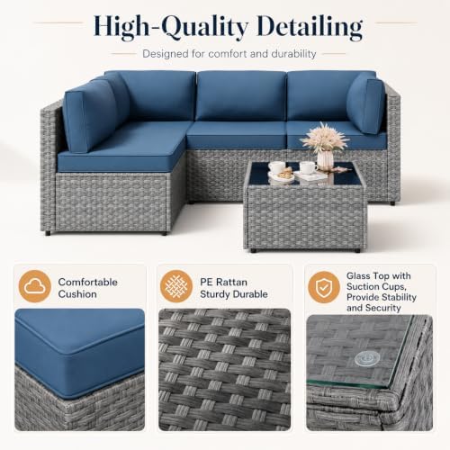 JAMFLY 5-Piece Patio Furniture Set, All-Weather Wicker Outdoor Sectional Sofa with Soft Cushions, Modular Conversation Set for Backyard, Deck, Garden & Poolside(Aegean Blue Cushion)