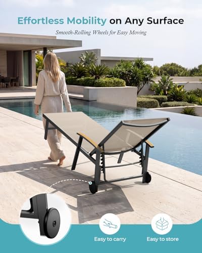 Ciokea Outdoor Lounge Chair with Pillow, 5-Position Aluminum Chaise Lounge with Wheels & Armrests, 400 lbs Heavy Duty Patio Pool Chair for Deck, Backyard, Beach & Poolside, Khaki