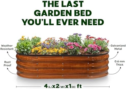 Plant & Plot Galvanized Raised Garden Beds Outdoor // 4×2×1 ft (2-Pack) Planter Raised Beds for Gardening, Vegetables, Flowers (Dark Wood Grain) // Large Metal Garden Box