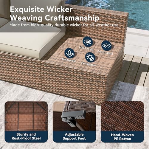 LazySunsets 8 Piece Outdoor Patio Furniture Set with 44'' Fire Pit Table, Outdoor Patio Furniture Set with 4'' Thicken Cushion, Wicker Rattan Outdoor Conversation Set for Backyard & Garden, Beige