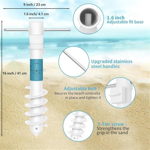 Beach Umbrella Sand Anchor, 1 Pack Outdoor Umbrella Base with 5-Spiral Screw Design & Removable Stainless Steel Handle, Beach Umbrella for Sand Holder Stand Resist Strong Winds Fits All Umbrellas