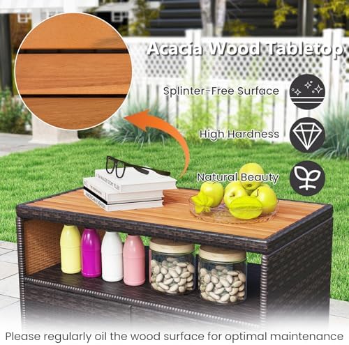 LDAILY Outdoor Storage Cabinet, Wicker Patio Buffet Cabinet with Acacia Wood Top, 2 Doors & Open Shelf, PE Rattan Bar Table for Garden, Kitchen, Backyard & Poolside, Mixed Brown