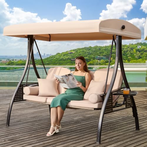 3 Seat Outdoor Swing for Adults, Patio Swing Chair with Thickened Cushions,Pillows & Cup Holders for Backyard, Porch, Garden (White)
