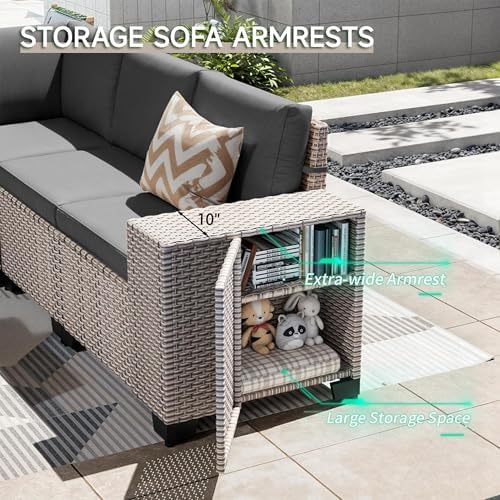 6-Piece Outdoor Patio Furniture Set, Modular Sectional Sofa Set with Glass Coffee Table and Cushions, Wicker Outdoor Couch Conversation Sets, Gray