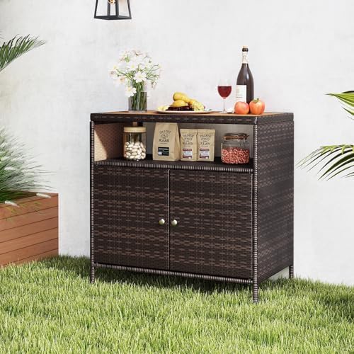LDAILY Outdoor Storage Cabinet, Wicker Patio Buffet Cabinet with Acacia Wood Top, 2 Doors & Open Shelf, PE Rattan Bar Table for Garden, Kitchen, Backyard & Poolside, Mixed Brown