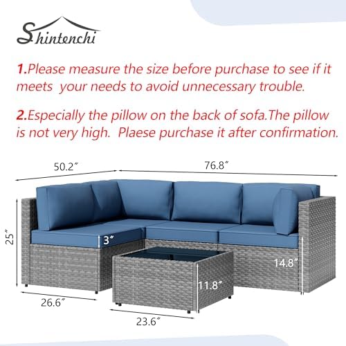 Patio Furniture Sets, 5 Piece Outdoor Sectional Sofas, Wicker Rattan Outdoor Furniture Patio Conversation Set, All-Weather PE Rattan Outdoor Couch for Backyard, Garden, Gray & Aegean Blue