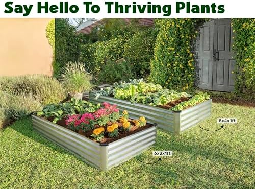 Plant & Plot Galvanized Raised Garden Beds Outdoor // 8×4×1 ft Planter Raised Beds for Gardening, Vegetables, Flowers (Silver) // Large Metal Garden Box // Patented Tool-Free Design