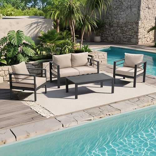 Metal Outdoor Coffee Table, Rectangle Patio Coffee Table, All-Weather Coffee Side Table for Balcony, Poolside, Deck, Garden, Dark Grey