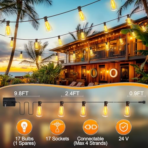 MGVIH Outdoor String Led Patio Lights - 50Ft 15M Outside Waterproof