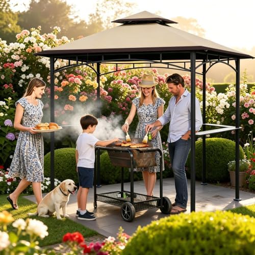 POOLTALE 5x8 FT Grill Gazebo Replacement Top, Outdoor BBQ Gazebo Top Cover, Double Tiered Layer BBQ Roof Gazebo Top Canopy Shelter